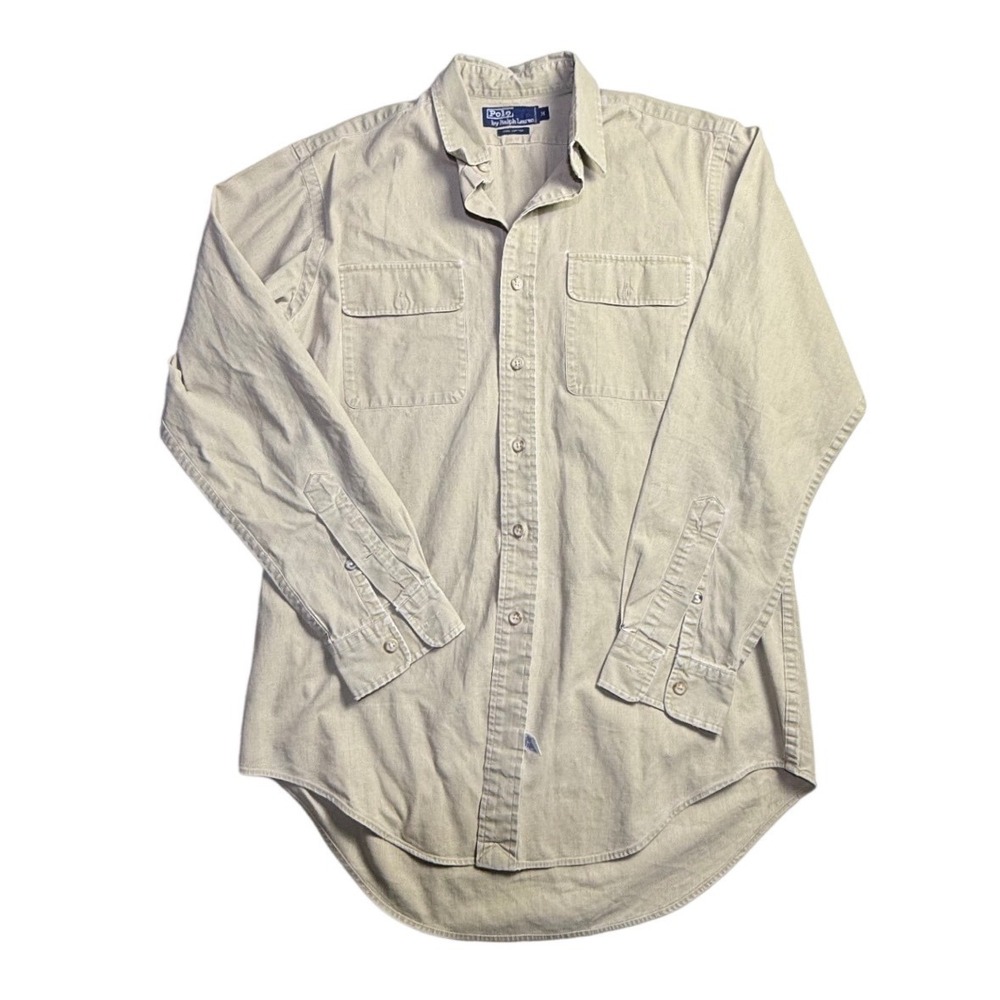 Polo Ralph Lauren Mens Medium Khaki Cotton Long Sleeve Pocket Work Shirt-2425